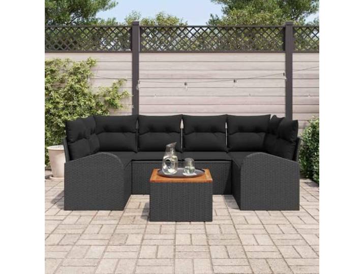 KTHLBRH Modulares Sofa-Set, 7-teilig, Polyrattan, Schwarz Lackierter Stahl, Akazienholz, 6 Plätze, verstellbare Füße, UV-beständig