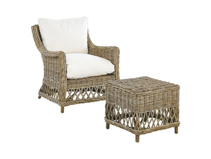 GARTENSESSEL mit Hocker Rattan natürlich Auflagen cremeweiß Ribolla