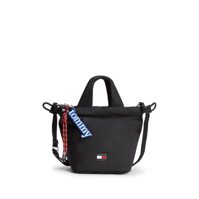 Handtasche TOMMY JEANS "TJW ICON CHARMS BUCKET BAG", Damen, Gr. B/H/T: 14cm x 17,5cm x 12,5cm, schwarz, Textil, Taschen Handtasche, Damen Tragetasche, Umhängetasche mit abnehmbarem Schlüsselanhänger