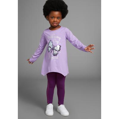Langarmshirt & Leggings KIDSWORLD "2tlg. Set Shirt + Leggings mit Glitzerdetails", Mädchen, Gr. 116/122, lila (lila, dk lila), Jersey, Obermaterial: 100% Baumwolle. Unterteil: 95% Baumwolle, 5% Elasthan, bedruckt, KOB Set-Artikel, niedlicher...