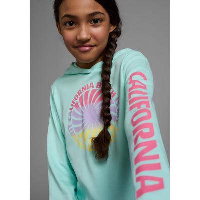Kapuzenshirt KIDSWORLD "Langarmshirt mit Ärmelprint", Mädchen, Gr. 164/170, grün (mint), Interlock, Obermaterial: 100% Baumwolle, bedruckt, gerade taillenbedeckt, Bündchen, Shirts Kapuzenshirt, Langarm, gerade Passform, mit coolem Aufdruck