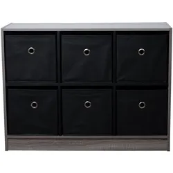 Holzregal Aufbewahrungsregal Standregal mit 6 Fächern Bücherregal 6x Faltboxen schwarz grau, Stoffboxen, BxHxT 80x60x30 cm