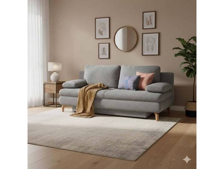 Schlafsofa Maranca Webstoff/Cord mit Bettkasten Kunstfaser 91x200x92cm Hellgrau retro/vintage