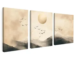 LEINWANDBILD 3er Set Landschaft - Japandi - Beige - Vögel 90x40 cm