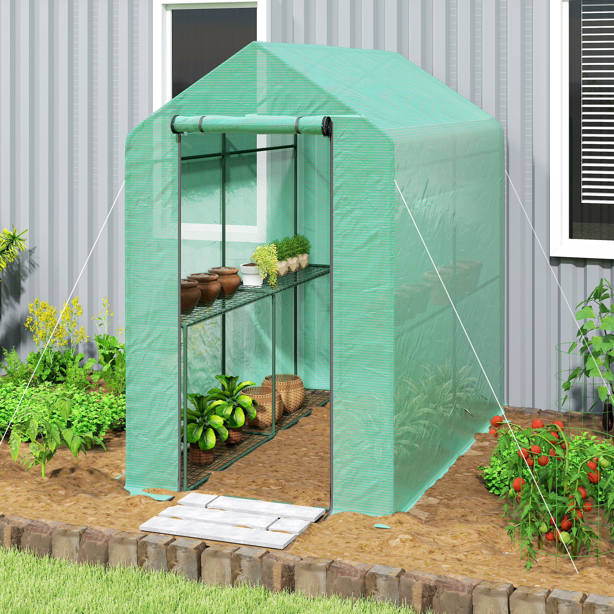 Outsunny Serra da giardino in PE ripiano 2 livelli, serra da balcone, telo rinforzato 140 g/m², telaio in acciaio, 186x120x190cm, verde   Aosom Italy