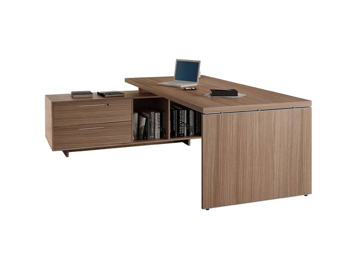 Bureau de direction Flore avec retour suspendu - L.225 x P.170 cm - Plateau Noyer - Pieds panneaux
