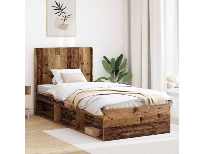 RJPLMFV Bett mit Kopfteil und Aufbewahrung, antikes Holz Sockel mit integrierten Latten, ohne Lattenrost, seitliche Aufbewahrung, moderner Stil
