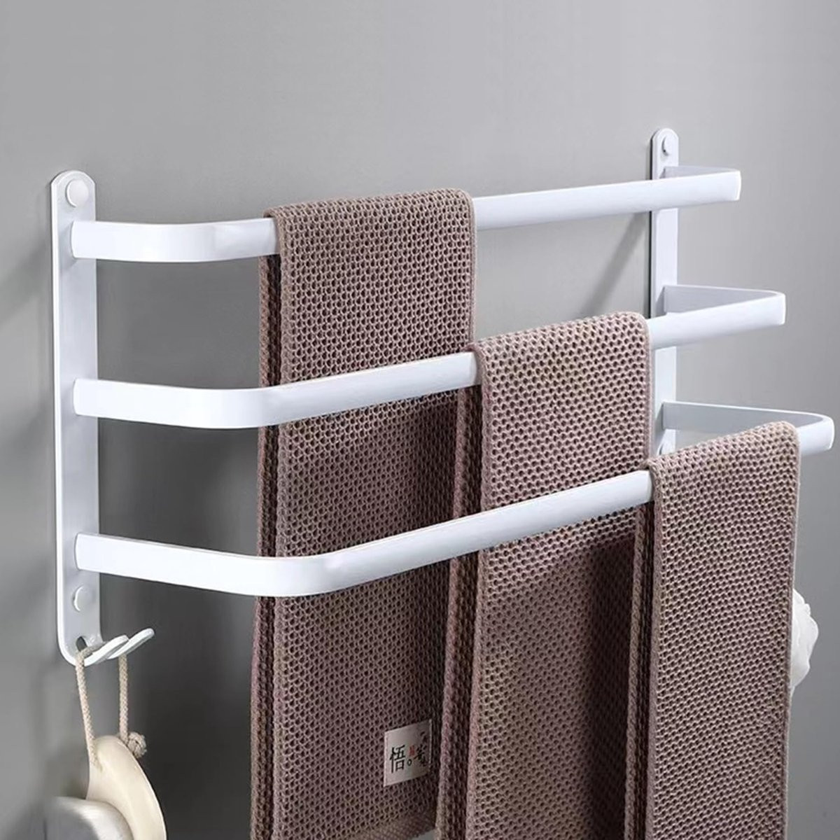 Set van 9 zilveren handdoekhouders inclusief boorvrije handdoekstang van 60 cm voor de badkamer