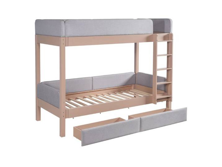 Lit superpose 213x103x177 cm Gris+Naturel Bois caoutchouc+MDF avec escalier 4 marches et mousses antichocs