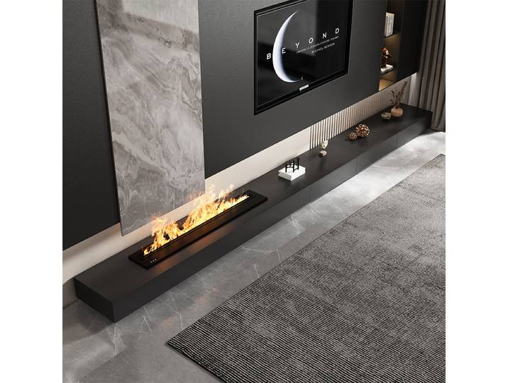 Meuble de rangement décoratif avec tiroirs, meuble de sol avec cheminée intégrée, meuble TV minimaliste en ardoise noire, mobilier de salon de luxe