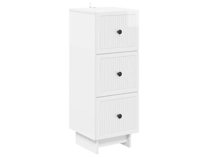 Schubladenschrank Hochglanz Weiß 33 x 34,5 x 90 cm Kommode Vintage Holzwerkstoff, Metallknopfgriffe, sanft gleitende Schubladen, Wandbefestigung, pflegeleicht, Wohnzimmer, kleine Räume