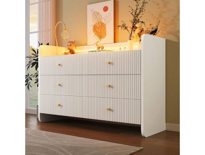 Buffet commode avec éclairage LED et 6 tiroirs design ondulé 120x40x75cm Blanc