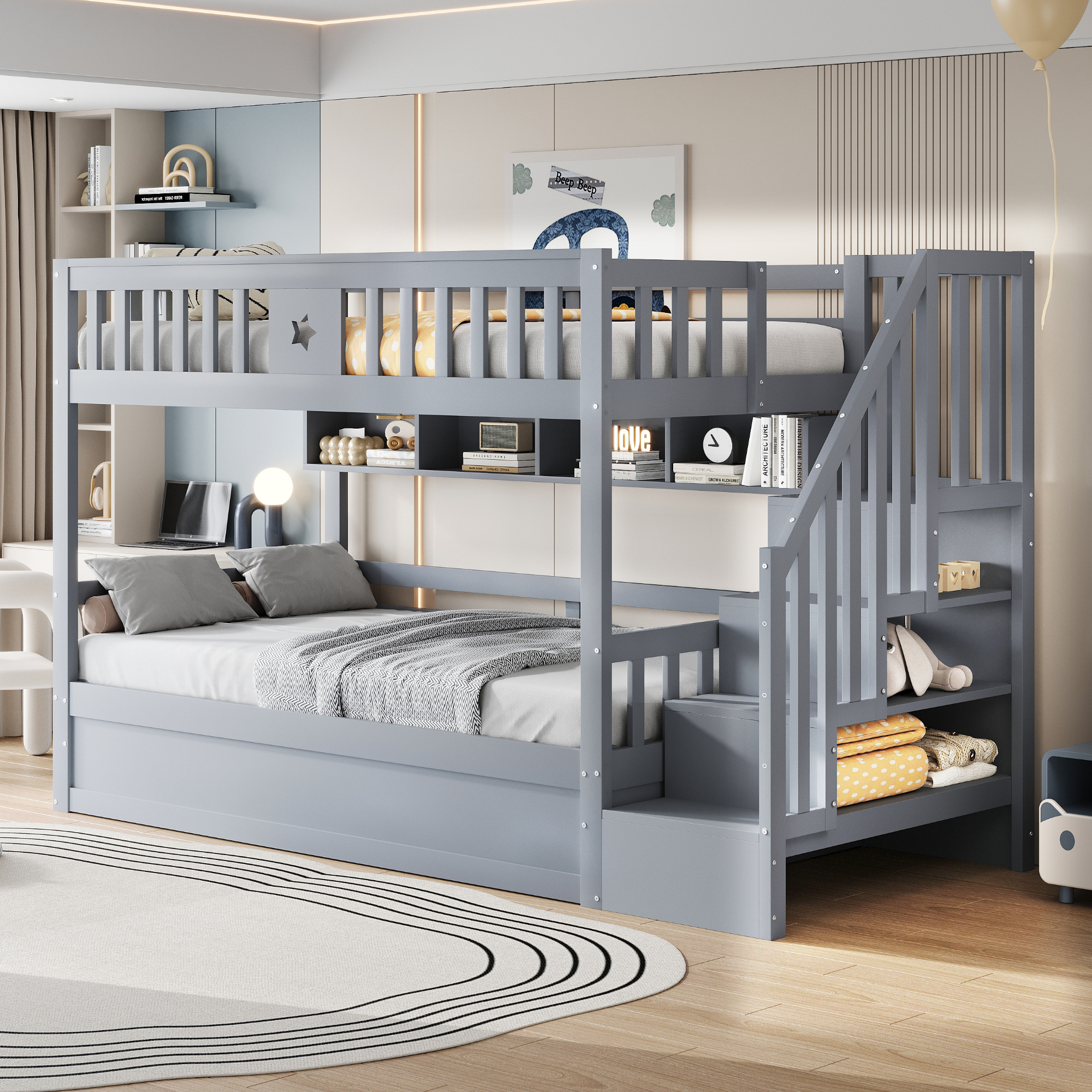 okwish Etagenbett 90x200, Holzbett mit Regale, Hochbett mit Stauraumtreppe, Jugendbett mit hydraulischem Stauraum,ohne Matratze.Grau
