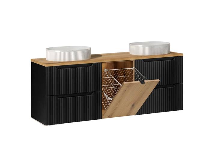 Meuble double vasque 160cm panier panneaux mélaminé et mdf noir