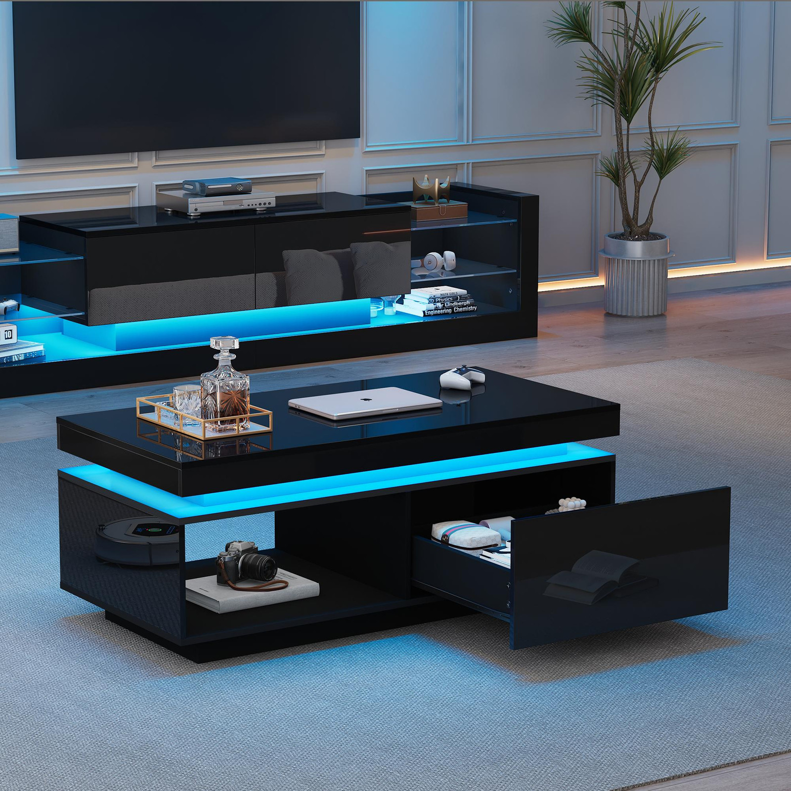 Merax Glanzende Salontafel met LED-verlichting en Lade, Zwart