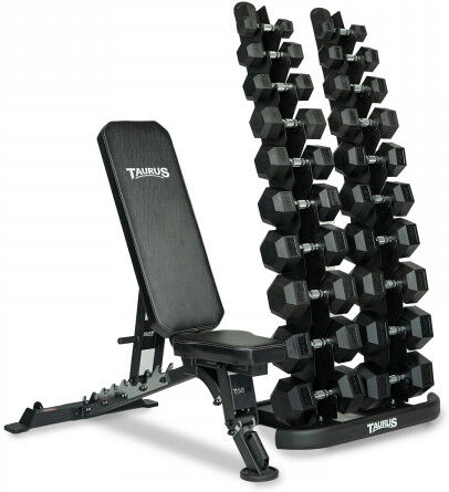 Taurus 10 Pair Hex Dumbbell Set with Storage & Bench (2.5 - 25kg)