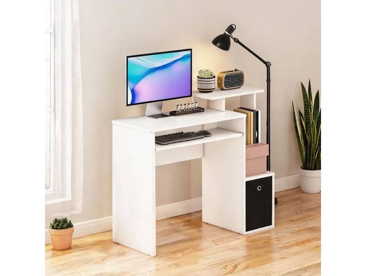 Bureau informatique compact en panneaux de particules blanc avec tablette coulissante et rangements