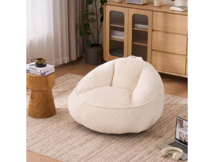 Sitzsack Cord Memory-Schaum Beige – Ergonomisch für Erwachsene & Kinder Sitzsack Sessel mit Rückenstütze, Sitzsack Erwachsene & Kinder, Wohnzimmer Büro, 90×90×59 cm