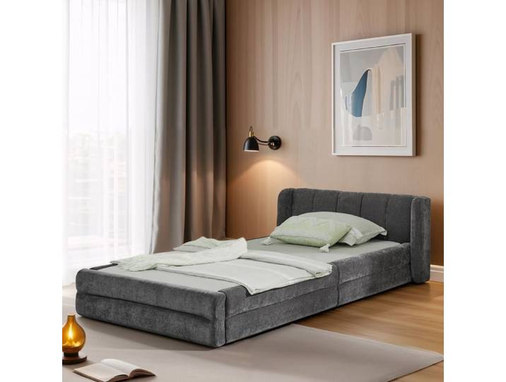 Cadre de lit 90x200 cm tissu chenille tête de lit rembourrée enfants gris foncé sans matelas