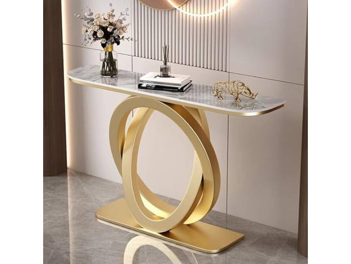 HARELA Moderner Konsolentisch mit Metallfuß, Eingangsbereich Deko Tisch, Oberfläche aus Marmoriertes Muster, Infacher Sofa Tisch, für Eingang, Flur, Vorzimmer, Wohnzimmer(Gold C,150cm/59in)