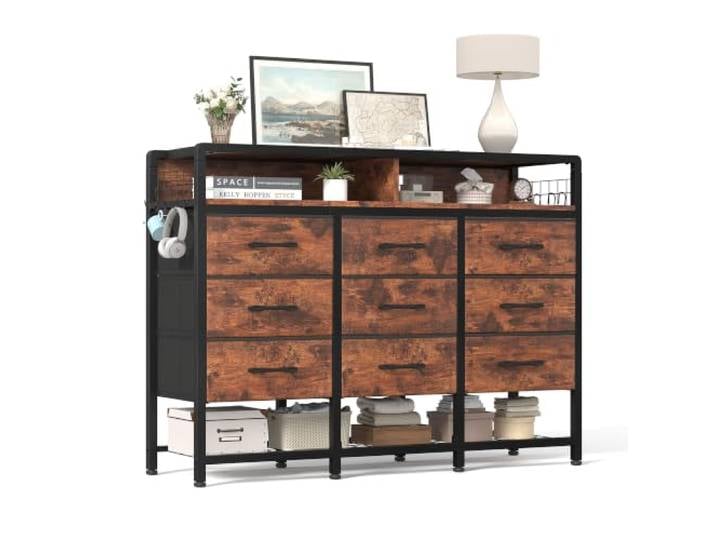 Feonase Kommode, Kommode mit 9 Stoffschubladen, Kommode mit Schubladen, Komodenschrank, Stoffkommode, Für Schlafzimmer, Flur und Wohnzimmer, Rustikales Braun