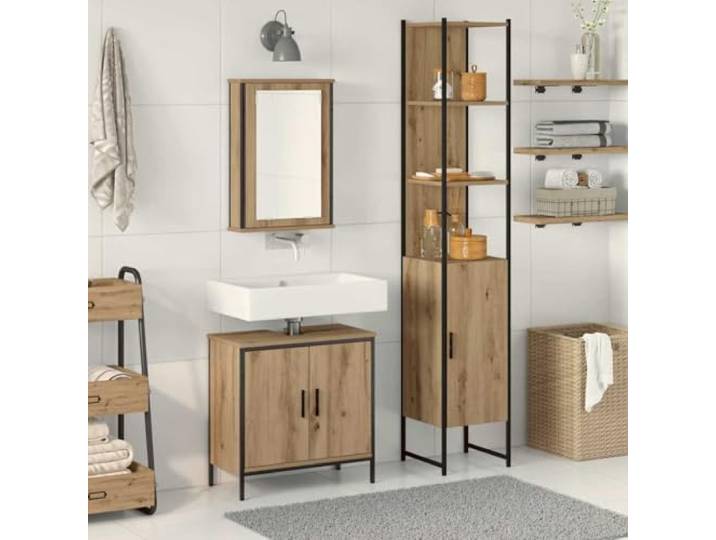 Badezimmermöbel-Set 3 Stk. Braun Holzwerkstoff mit Spiegel und Schrank 3-teilig, Holzwerkstoff, Braun, Flachspiegel, flächenbündige Türen, Stangen-Griffe, feuchtes Tuch reinigbar