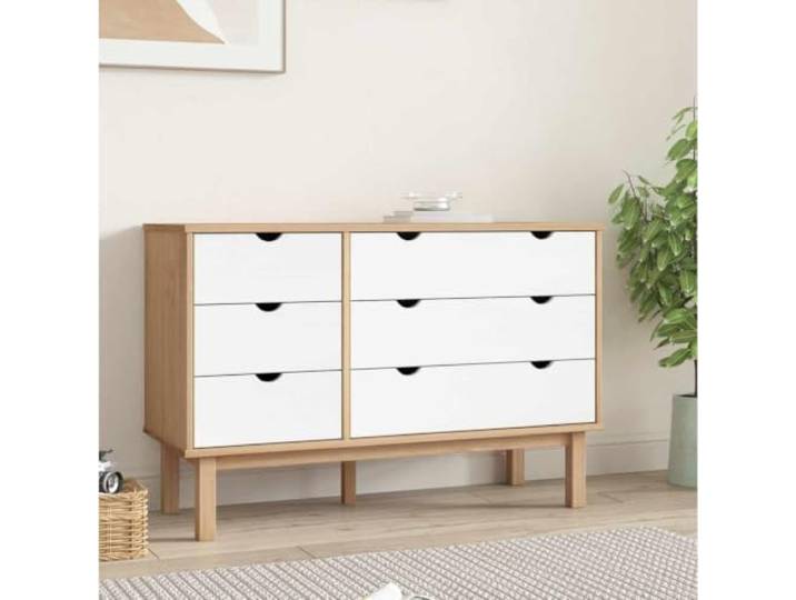 Schubladenschrank OTTA Braun Weiß 111x43x73,5 cm Massivholz 6 Schubladen Skandinavisches Design, natürliche Optik, flexible Schubladenmontage, stabile Oberplatte, mit Wandhalterung