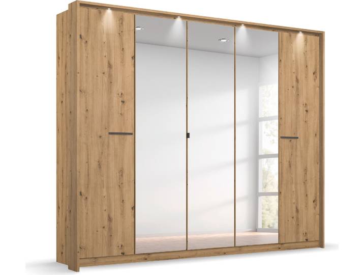 Drehtürenschrank, Holzwerkstoff, Eiche Artisan, 230×231×58 cm, Mit Mittelspiegel & Beleuchtung, Klassisch, Rauch