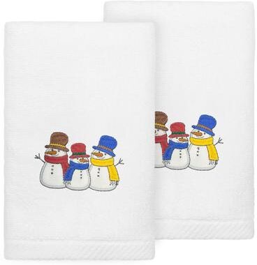 Authentic Hotel and Spa Christmas Snow People Embroidered Luxury 100% Turkish Cotton Hand Towels (Set of 2)