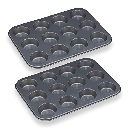 Relaxdays Muffinvorm set van 2, 12 holtes, grijs, carbonstaal met antiaanbaklaag