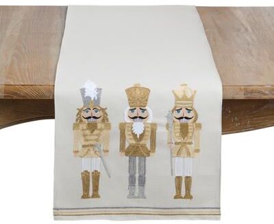 Saro "Nutcracker Holiday Linen Blend Table Runner - Embroidered Nutcracker Design for Holiday Dining & Entertaining - 16""x70"""