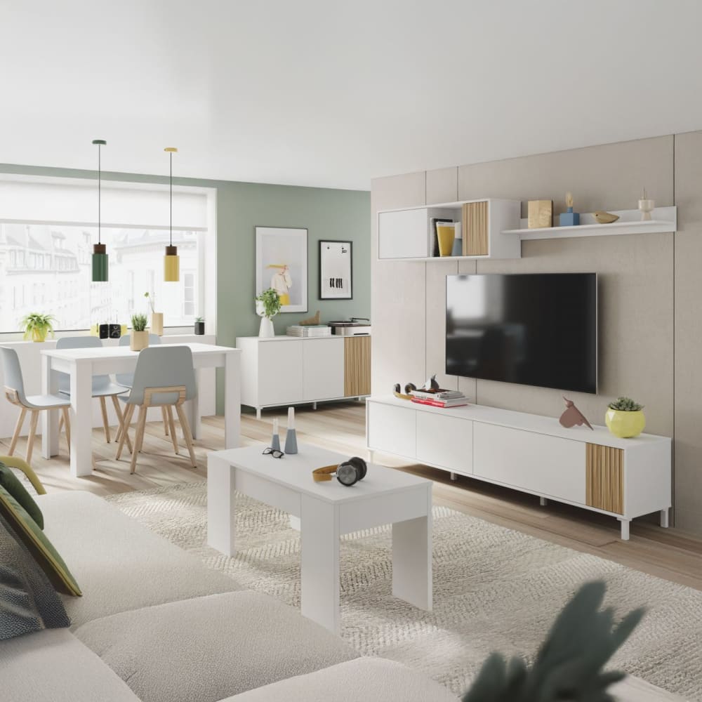 duehome Salón con mueble de tv y estantería 200 cm blanco natur
