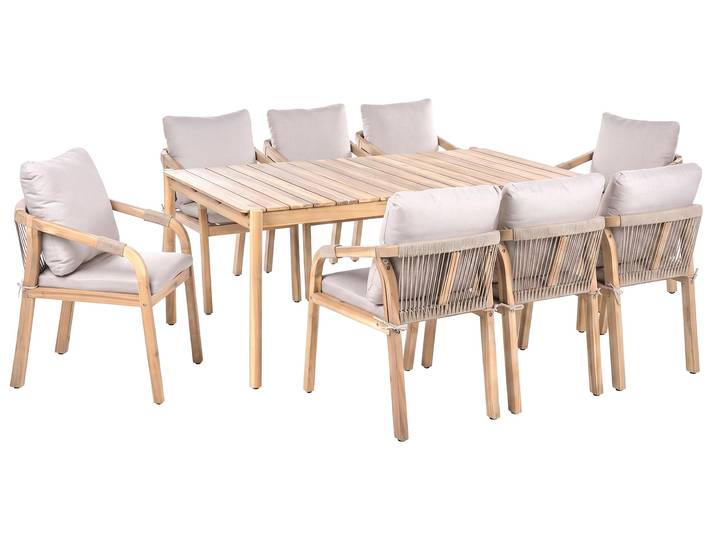 BELIANI Gartenmöbel Set Hellbraun Akazienholz u. Flechtseil Rustikaler Stil Rechteckiger Gartentisch mit 8 Stühlen Outdoor Terrasse Garten Holzmöbel