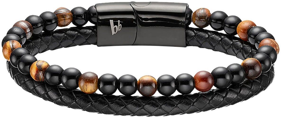 Lederarmband BRUNO BANANI "Schmuck", braun (braun, schwarz, braun, schwarz), Armbänder, Damen, 21cm, Edelstahl Leder, Edelstahl, Leder, Lederarmband, mit Tigerauge (synth.) braun, schwarz, braun, schwarz 21cm, Edelstahl Leder