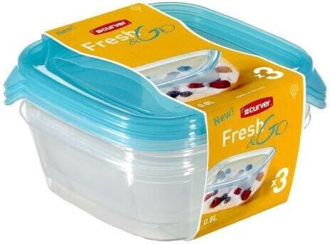 Curver Fresh & Go set van 3 vierkante vershoudbakken, 0,8 liter per stuk