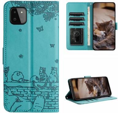 Inspired Deals Cute Cat Embossed Wallet Phone Case For Samsung Galaxy With Card Holder And Lanyard For Samsung Galaxy A22 5G blue