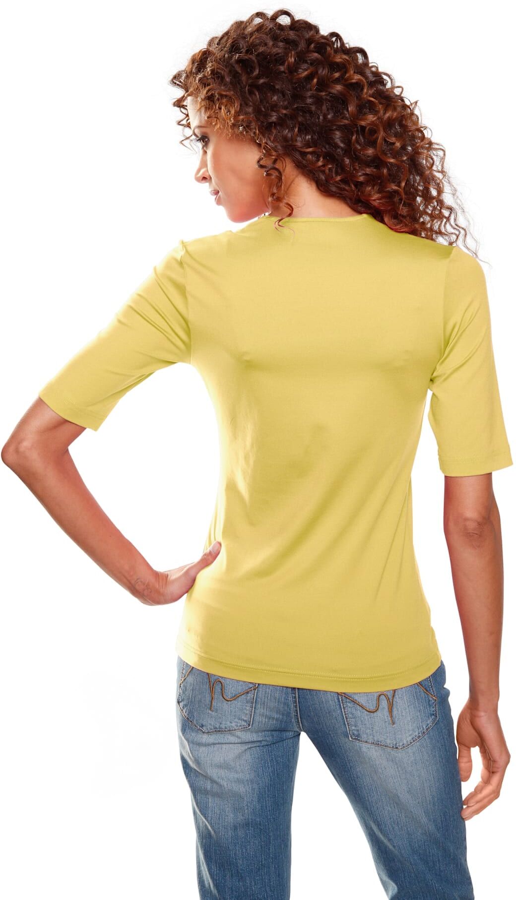 V-Shirt HEINE "V-Shirt", Damen, Gr. 44, gelb, 90% Polyamid, 10% Elasthan, unifarben, V-Ausschnitt, Shirts V-Shirt gelb 44