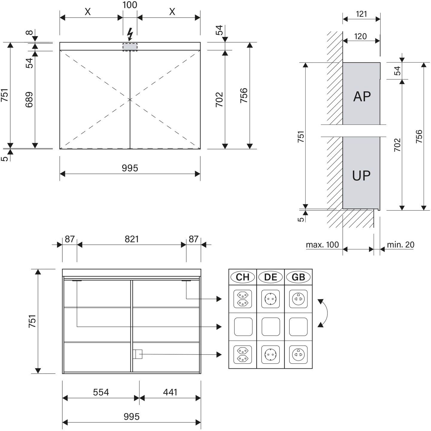 Schneider PATA LED Spiegelschrank PAT 100/2/LED 99,5 x 75,6 cm, 4000 K, CH, Badmöbel, 161.100.01.02, weiß
