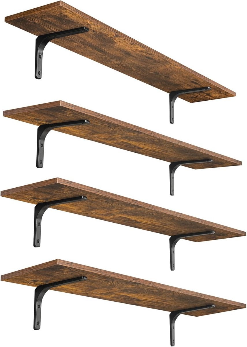 Set van 4 lange wandplanken met stevige metalen beugels voor woonkamer, badkamer of keuken