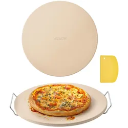 VEVOR Pizzastein Backstein 406 x 406 mm, runder Cordierit-Pizzastein, extra große Steinplatte mit Schaber & Ständer, 17 mm dick, hitzebeständig, für Küchenofen Brotbacken Pizzabacken Grillen