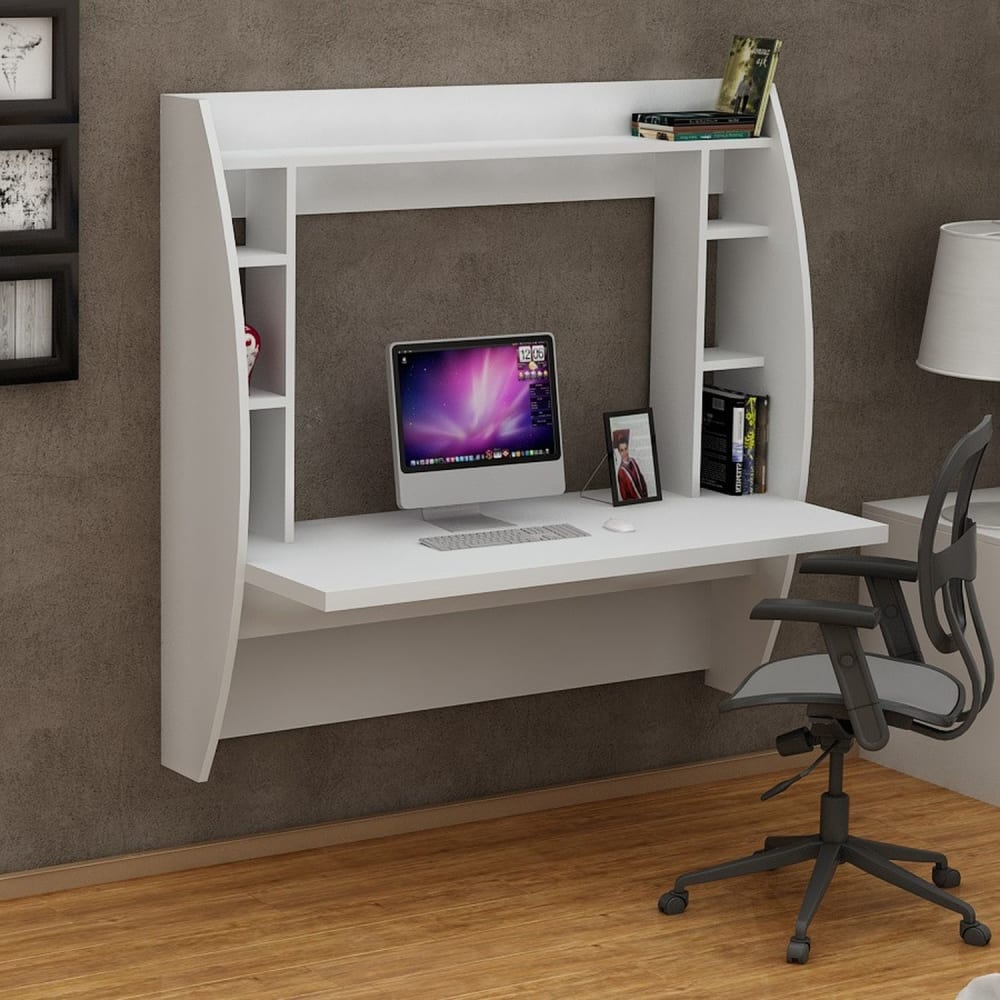 Toilinux Bureau mural suspendu avec étagères blanc Blanc 124x120x55cm