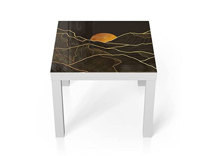 DEQORI Glastisch weiß klein 55x55 cm Motiv Goldenes Linien Gebirge ausgefallener Beistelltisch aus Glas Hochglanz Couchtisch fürs Wohnzimmer moderner Couch Tisch mit Design