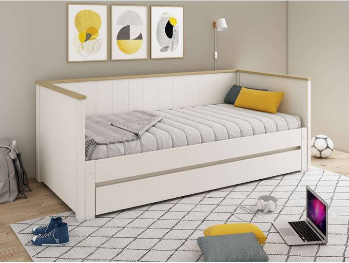 Daybett OTTO HOME REIGNY , Kinderbett, Gästebett, zwei Schlafplätze , weiß (weiß, weiß), B:100cm H:77cm L:209cm, Daybetten, Massivholz, Lammellen - Design, Landhausstil, Schublade optional