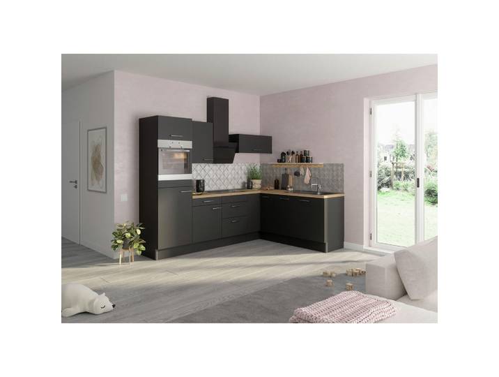 Optifit Eckküche, Anthrazit, 3 Schublade(n) Schubladen, L-Form, nur wie online abgebildet bestellbar, 270x200 cm, Made in Germany, DIN EN ISO 14001, DIN EN ISO 50001, DIN EN ISO 9001, Zusatzausstattung erhältlich, höhenverstellbare Füße, Küchen, Eckküchen, Eckküchen ohne Geräte