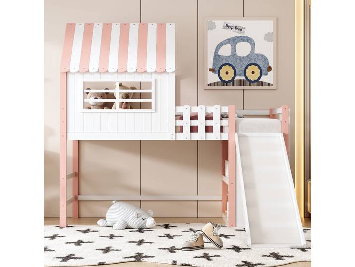 Lit simple multifonctionnel KOMHTOM avec design de mezzanine, échelle de sécurité, glissière de sécurité et compartiments de rangement multi-niveaux