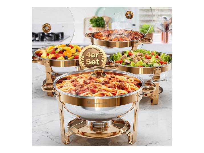 Warmounts Speisenwärmer, (4-tlg), Chafing Dish Speisenwärmer Set, rund, Edelstahl, Buffet Warmhalte-Set