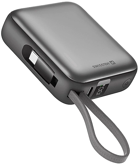 Swissten Power Bank Space 10.000mAh, 35W mit integriertem USB-C-Kabel Silber