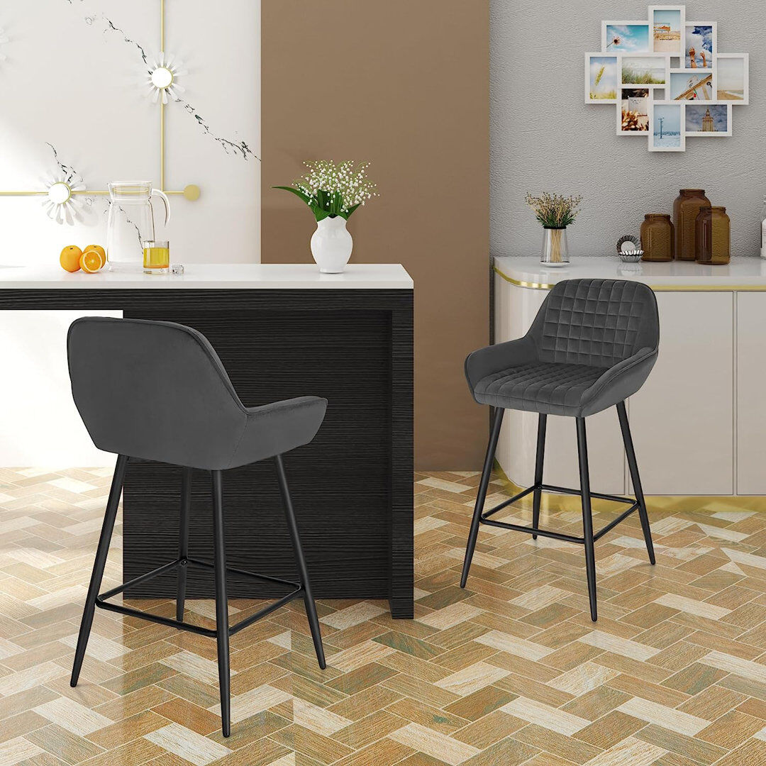 George Oliver Chisato Upholstered Bar Stool with Steel Frame Dark Grey 4