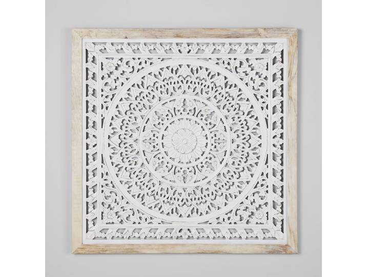 Wanddekoration aus weißem, geschnitztem Mangoholz mit Mandala-Muster, 110 x 110 cm
