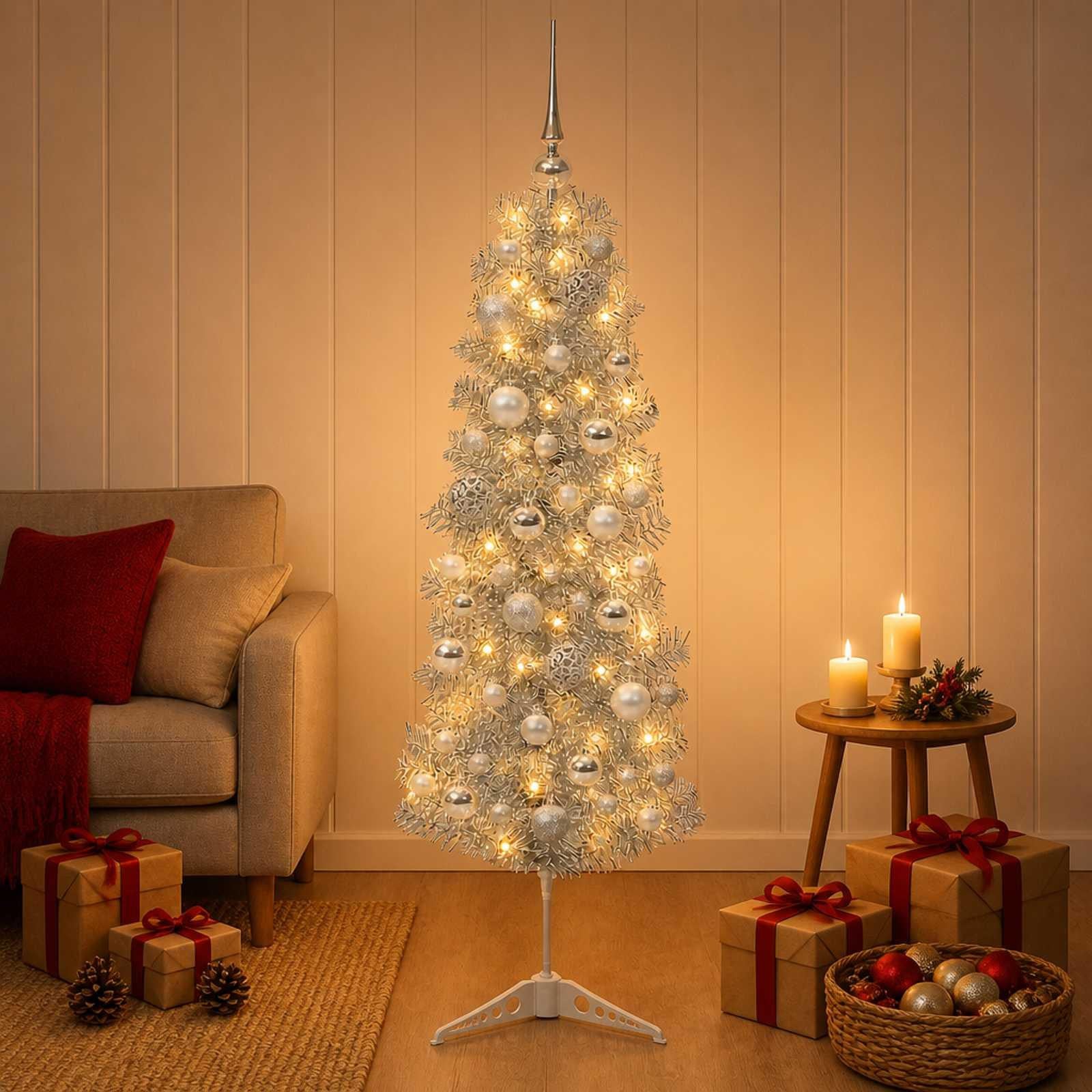 Syfax Kunstkerstboom met kerstballen, smal, 150 cm